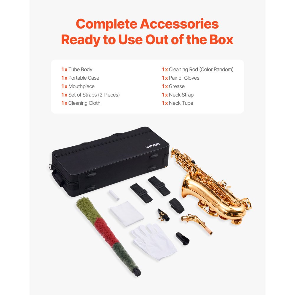 VEVOR Alto Saxophone, E Flat, Brass Saxophone Beginner Kit with Carrying Case, Mouthpiece, Straps, Cleaning Cloth Rod, Gloves, Grease, Neck Strap, 23 Keys Alto Sax Kit, for Beginners Students, Gold