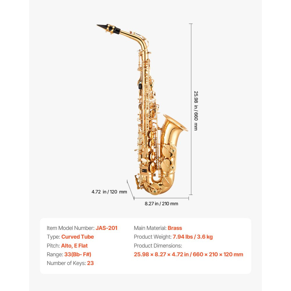VEVOR Alto Saxophone, E Flat, Brass Saxophone Beginner Kit with Carrying Case, Mouthpiece, Straps, Cleaning Cloth Rod, Gloves, Grease, Neck Strap, 23 Keys Alto Sax Kit, for Beginners Students, Gold