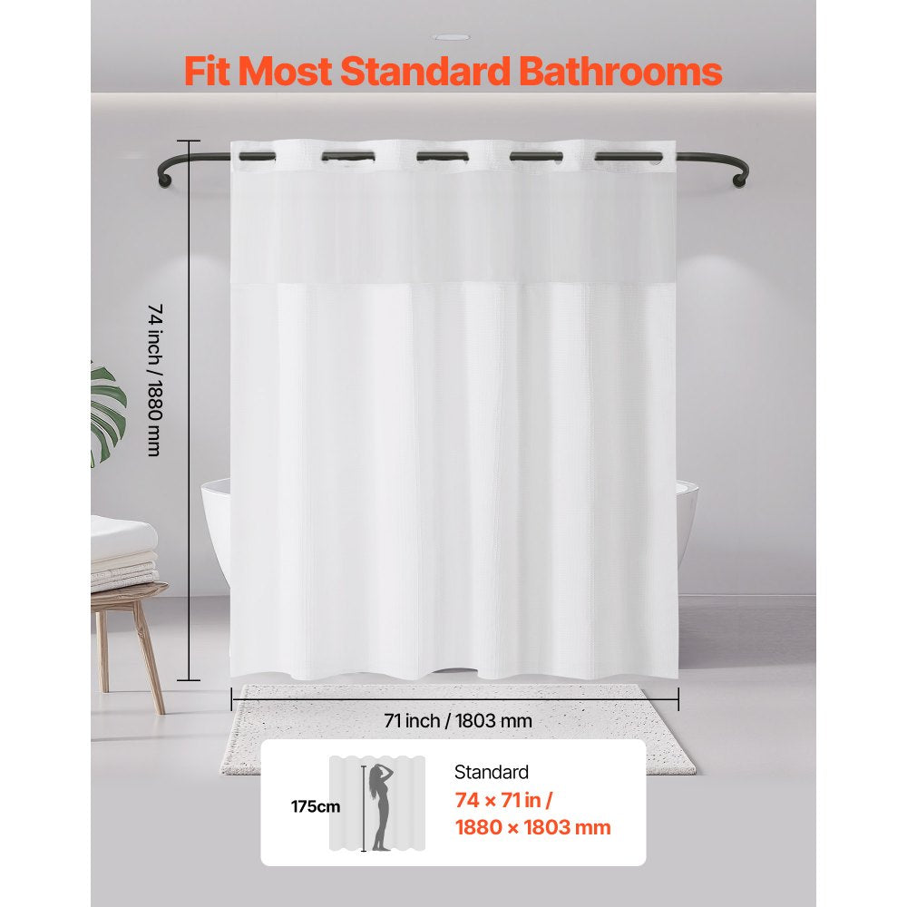 VEVOR No Hook Shower Curtain, 2-in-1 Waterproof Waffle Weave Shower Curtains, 240 GSM Curtain with Snap-in Liner, See-Through Window, and Magnets, for Bathroom Showers & Bath Tubs, 74x71 in (White)