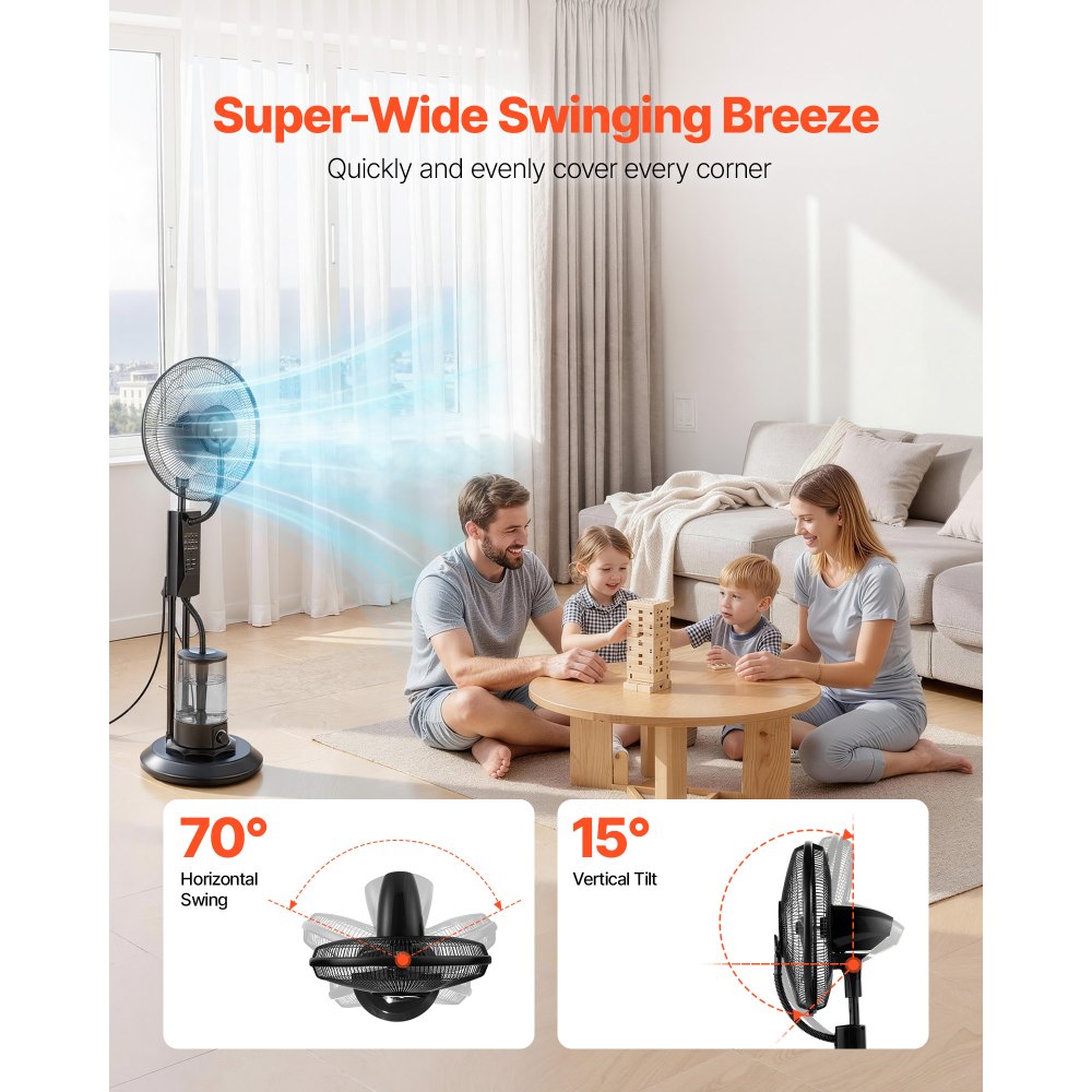 VEVOR Misting Fan, 3 Wind Speeds Misting Standing Fan, Mister Cooling Fans with 0.79 gal Water Tank, Remote & Panel Control, Water Cooling Fans for Indoor, Outdoor, Garage, Patio, Living Room, 3 Modes