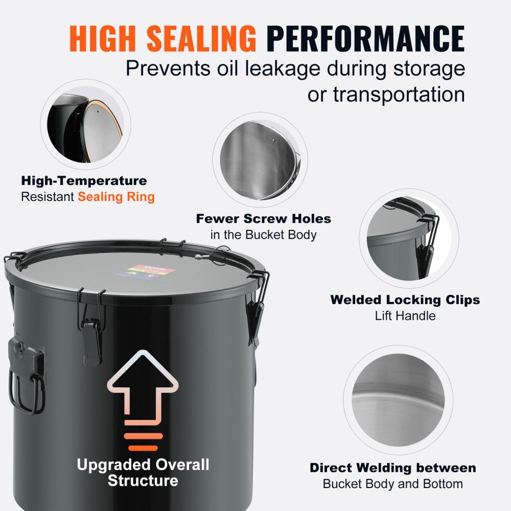 VEVOR Fryer Grease Bucket, 10 Gal Oil Disposal Caddy Stainless Steel Fryer Oil Bucket Rust-Proof Coating, Oil Transport Container with Lid, Lock Clips, Filter Bag for Hot Cooking Oil Filtering, Black