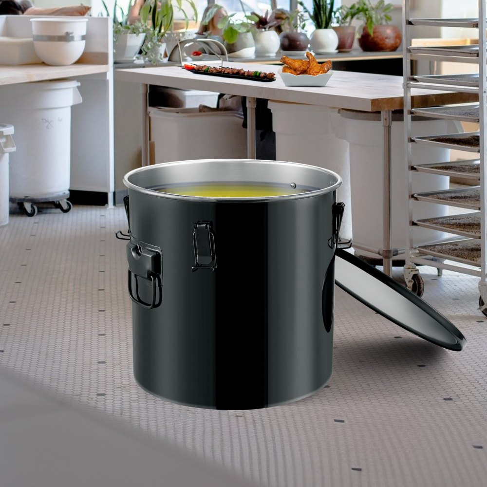 VEVOR Fryer Grease Bucket, 10 Gal Oil Disposal Caddy Stainless Steel Fryer Oil Bucket Rust-Proof Coating, Oil Transport Container with Lid, Lock Clips, Filter Bag for Hot Cooking Oil Filtering, Black