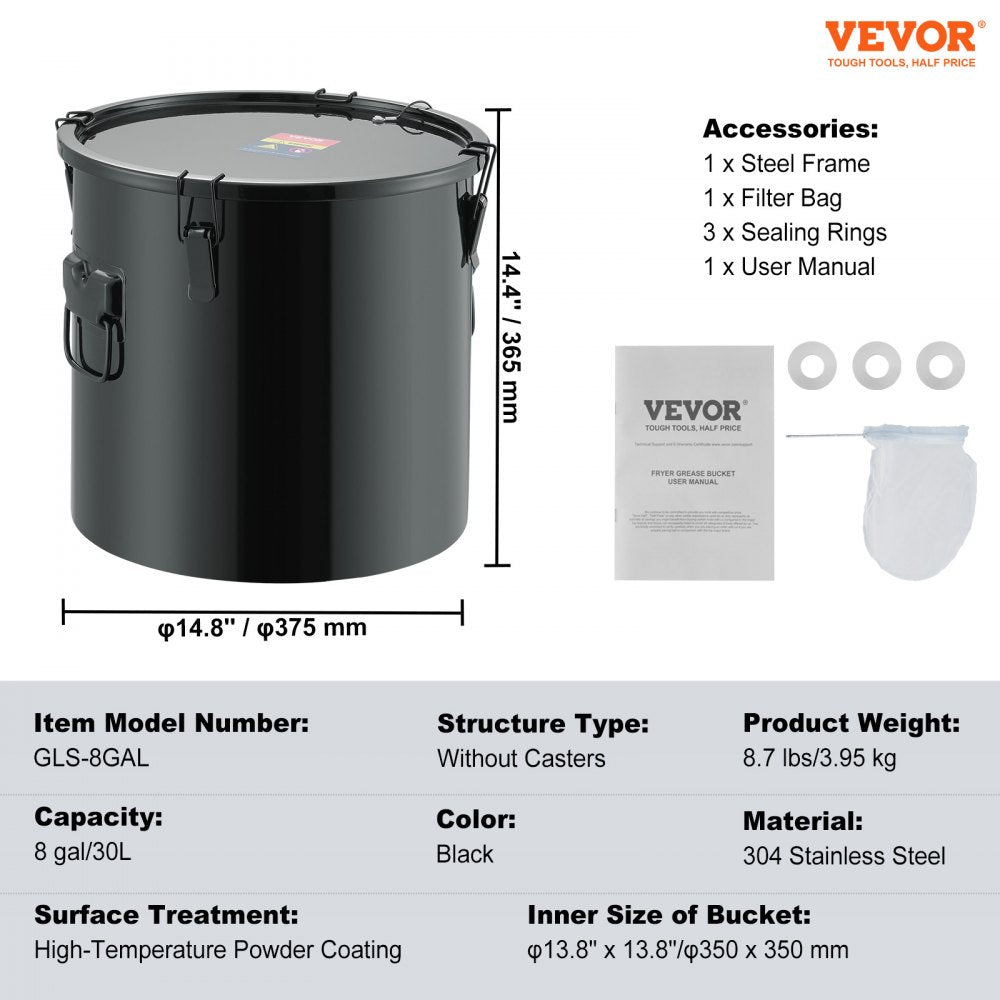 VEVOR Fryer Grease Bucket, 8 Gal Oil Disposal Caddy Stainless Steel Fryer Oil Bucket Rust-Proof Coating, Oil Transport Container with Lid, Lock Clips, Filter Bag for Hot Cooking Oil Filtering, Black