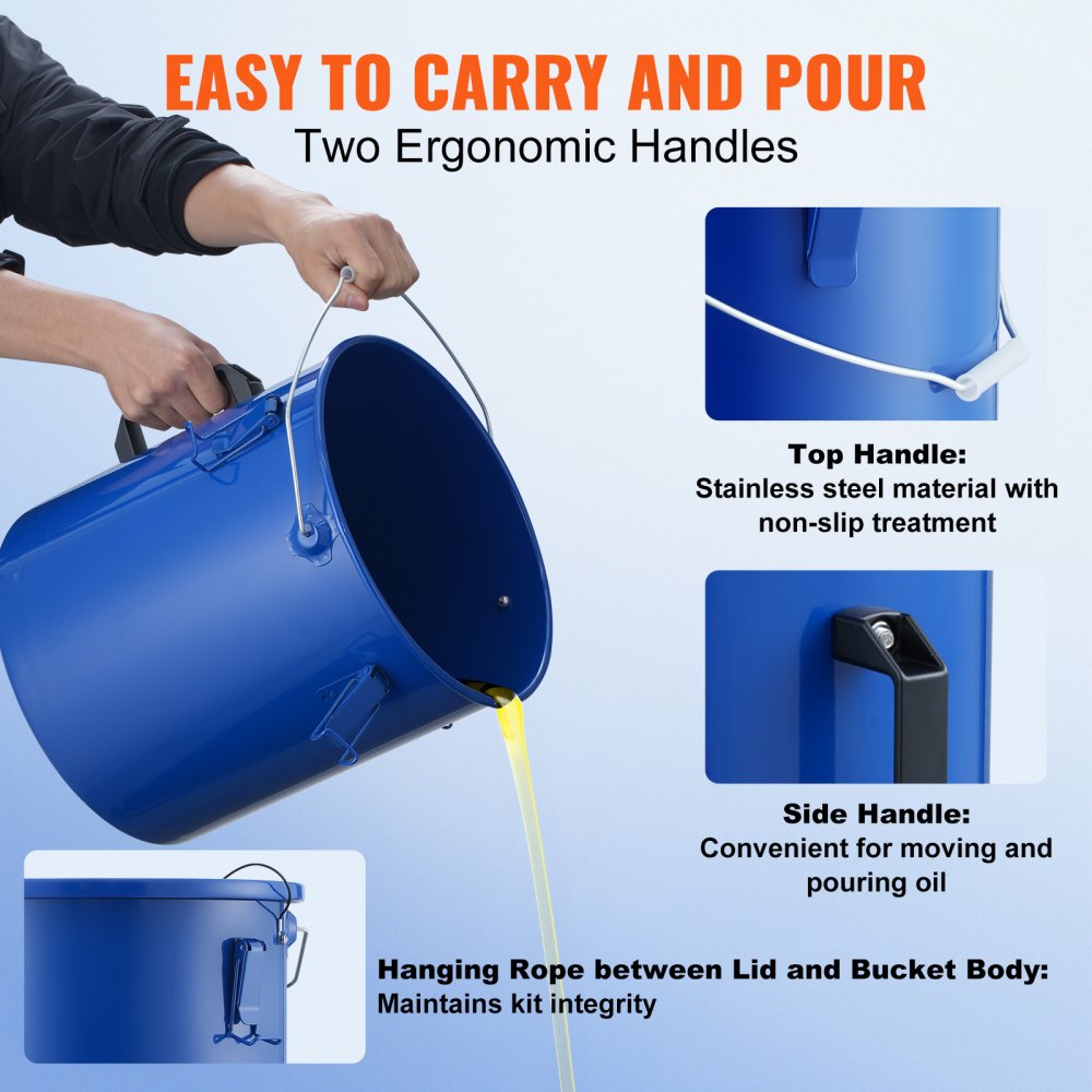 VEVOR Fryer Grease Bucket, 6 Gal Oil Disposal Caddy Carbon Steel Fryer Oil Bucket with Rust-Proof Coating, Oil Transport Container with Lid, Lock Clips, Filter Bag for Hot Cooking Oil Filtering, Blue
