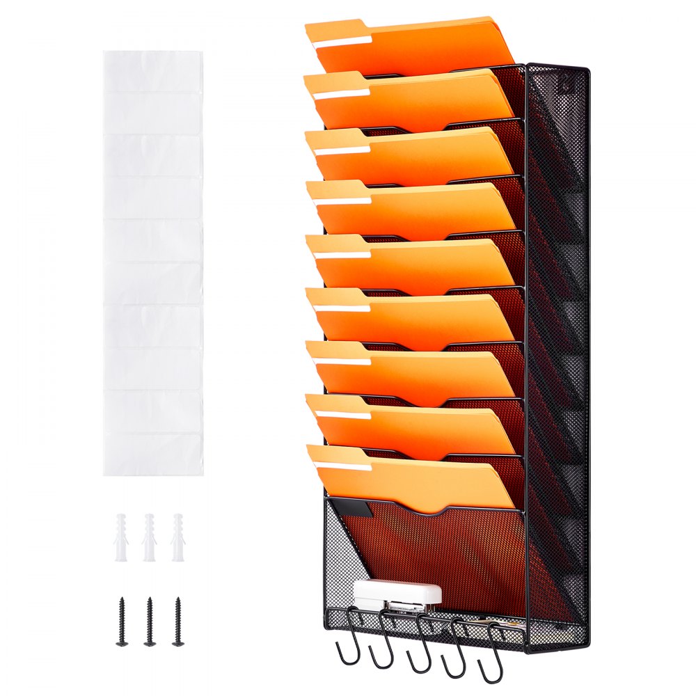 VEVOR File Wall Rack, One-Piece 10 Pockets Mesh Wall File Holder, Wall Mounted Magazine Mail Paper & Document Storage Folder, Metal Wall File Organizer with Nametag Label, for Office Home & School