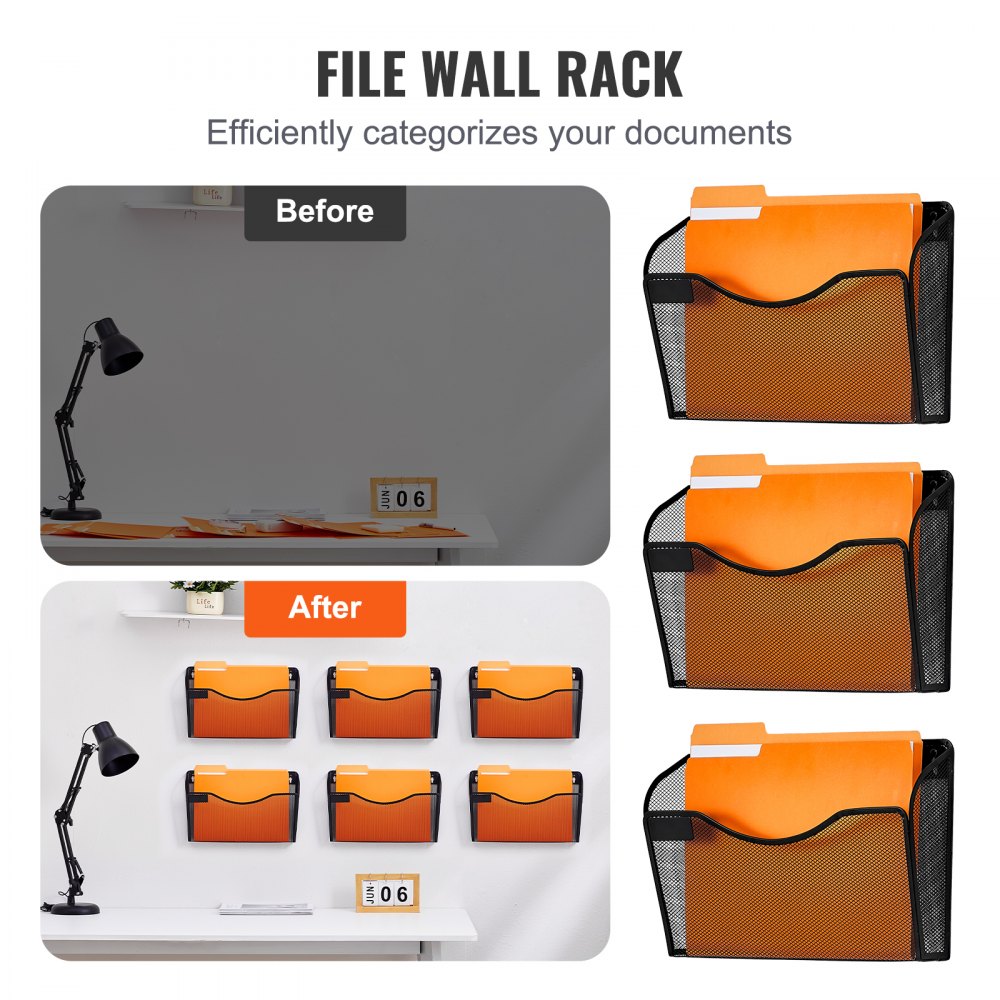 VEVOR File Wall Rack, Six-Piece 1 Pocket Mesh Wall File Holder, Wall Mounted Magazine Mail Paper & Document Storage Folder, Metal Wall File Organizer with Nametag Label, for Office Home & School