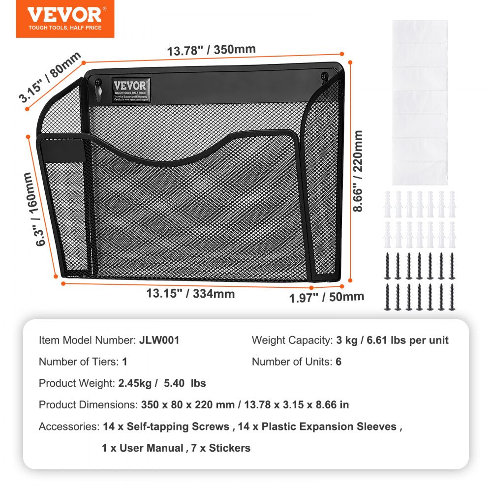 VEVOR File Wall Rack, Six-Piece 1 Pocket Mesh Wall File Holder, Wall Mounted Magazine Mail Paper & Document Storage Folder, Metal Wall File Organizer with Nametag Label, for Office Home & School