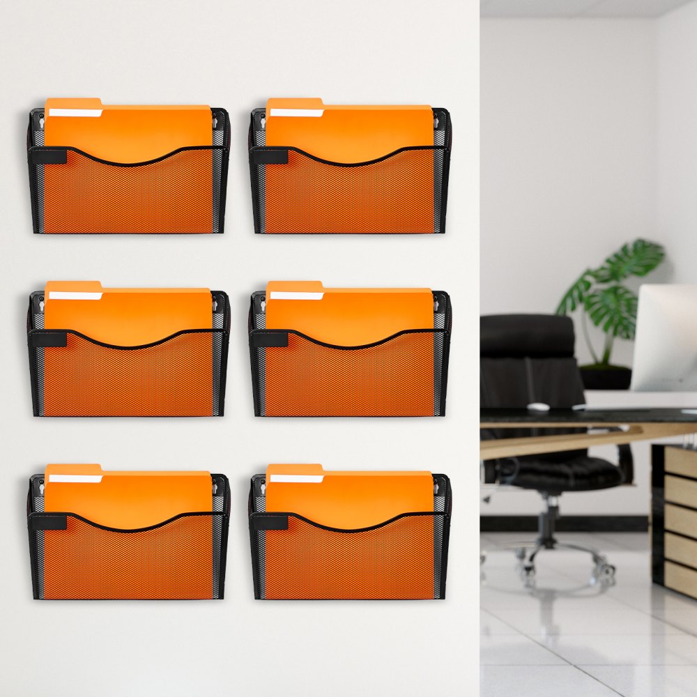 VEVOR File Wall Rack, Six-Piece 1 Pocket Mesh Wall File Holder, Wall Mounted Magazine Mail Paper & Document Storage Folder, Metal Wall File Organizer with Nametag Label, for Office Home & School