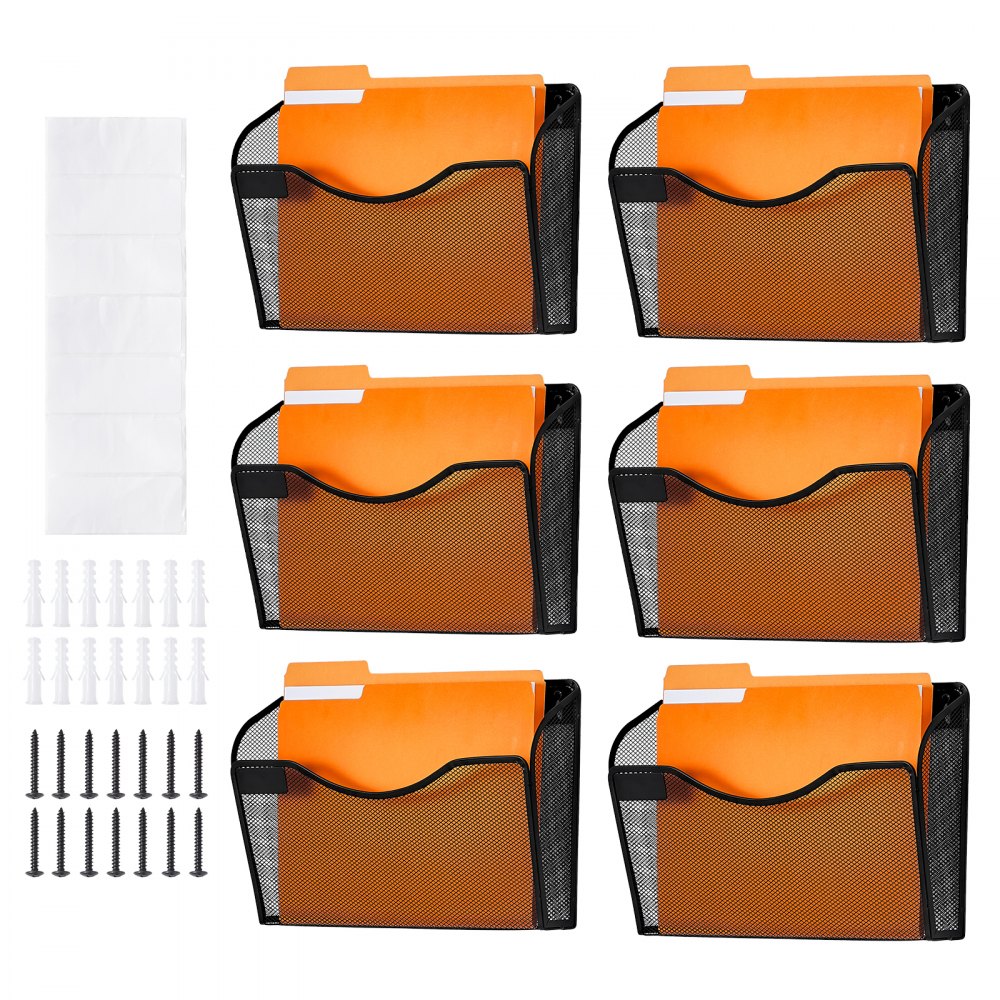VEVOR File Wall Rack, Six-Piece 1 Pocket Mesh Wall File Holder, Wall Mounted Magazine Mail Paper & Document Storage Folder, Metal Wall File Organizer with Nametag Label, for Office Home & School