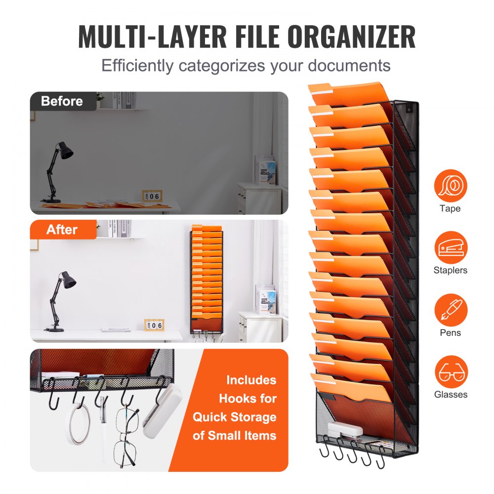 VEVOR File Wall Rack, One-Piece 16 Pockets Mesh Wall File Holder, Wall Mounted Magazine Mail Paper & Document Storage Folder, Metal Wall File Organizer with Nametag Label, for Office Home & School