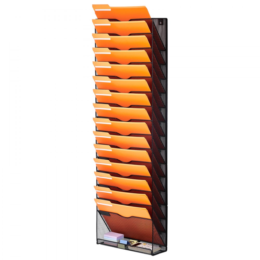 VEVOR File Wall Rack, One-Piece 16 Pockets Mesh Wall File Holder, Wall Mounted Magazine Mail Paper & Document Storage Folder, Metal Wall File Organizer with Nametag Label, for Office Home & School