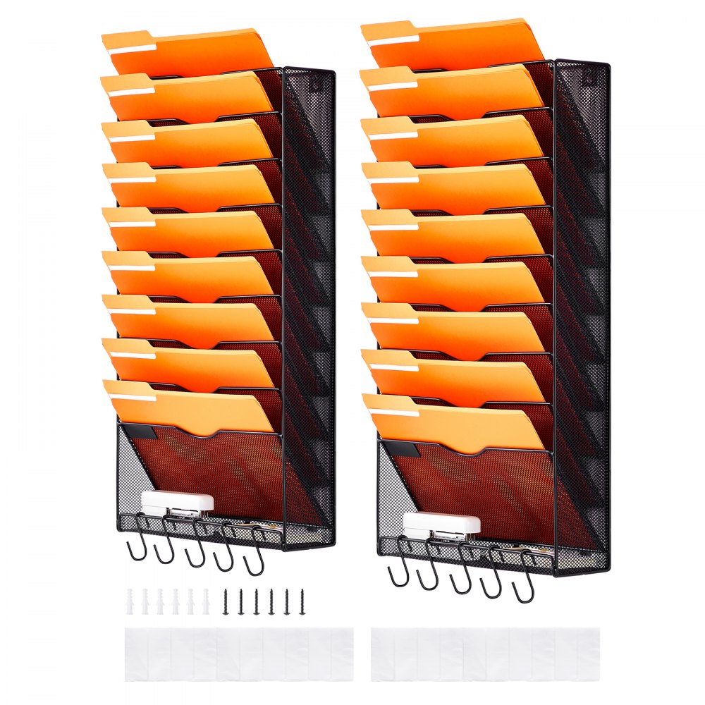 VEVOR File Wall Rack, Two-Piece 10 Pockets Mesh Wall File Holder, Wall Mounted Magazine Mail Paper & Document Storage Folder, Metal Wall File Organizer with Nametag Label, for Office Home & School