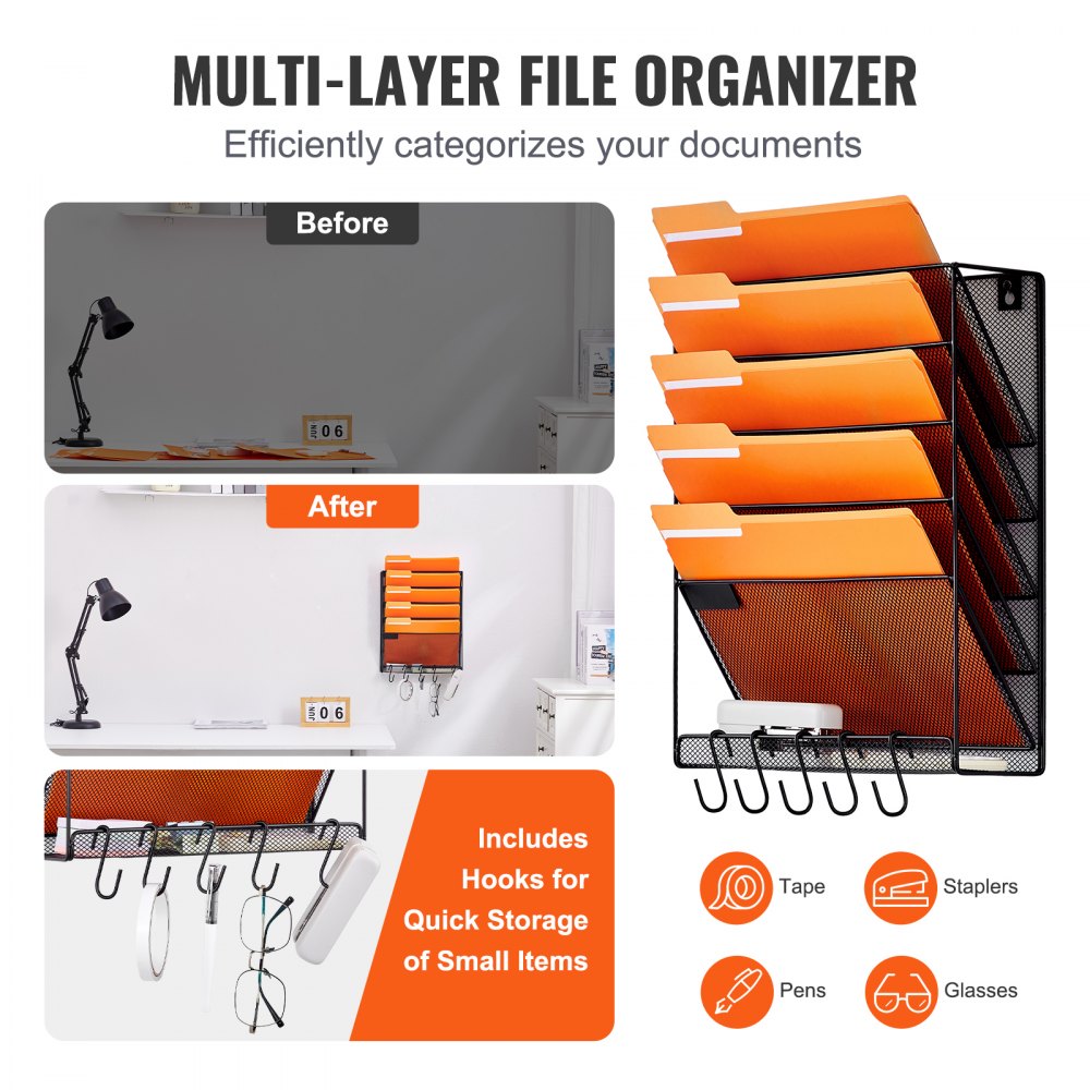 VEVOR File Wall Rack, One-Piece 6 Pockets Mesh Wall File Holder, Wall Mounted Magazine Mail Paper & Document Storage Folder, Metal Wall File Organizer with Nametag Label, for Office Home & School