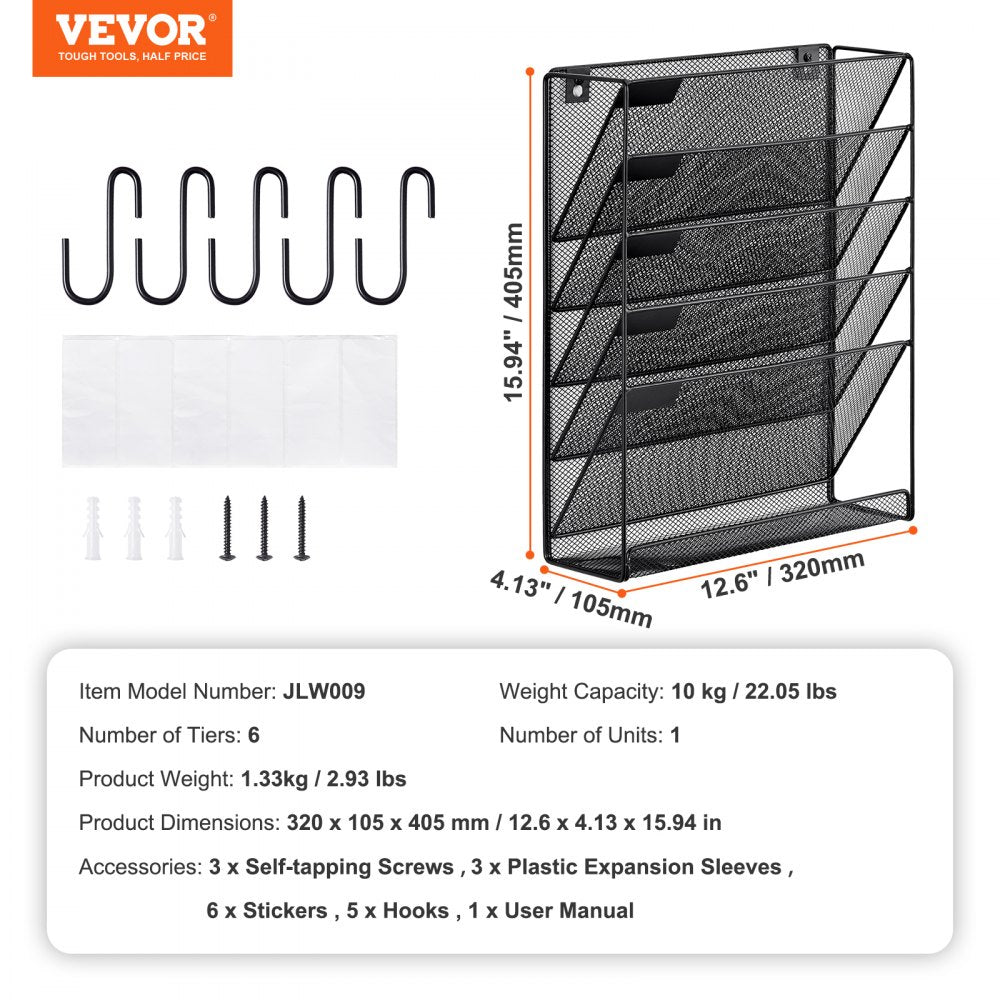 VEVOR File Wall Rack, One-Piece 6 Pockets Mesh Wall File Holder, Wall Mounted Magazine Mail Paper & Document Storage Folder, Metal Wall File Organizer with Nametag Label, for Office Home & School
