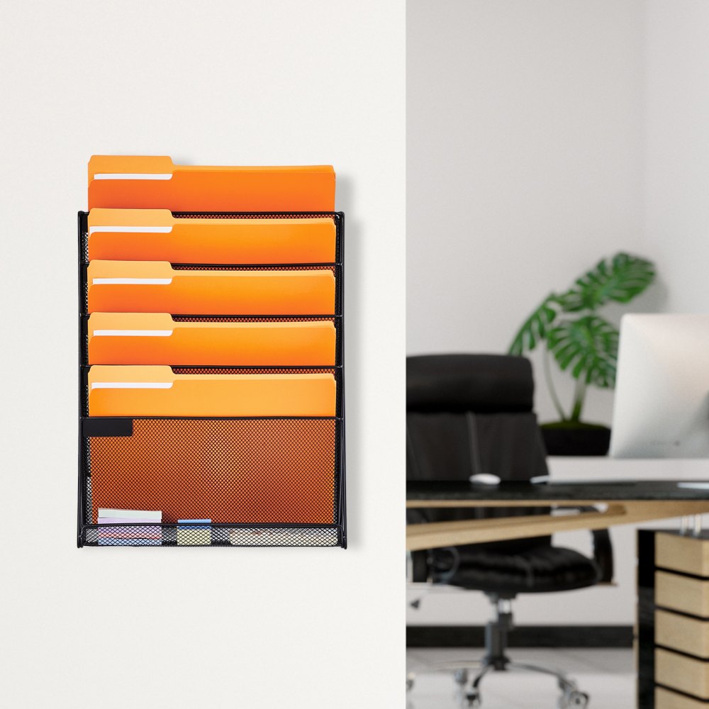 VEVOR File Wall Rack, One-Piece 6 Pockets Mesh Wall File Holder, Wall Mounted Magazine Mail Paper & Document Storage Folder, Metal Wall File Organizer with Nametag Label, for Office Home & School