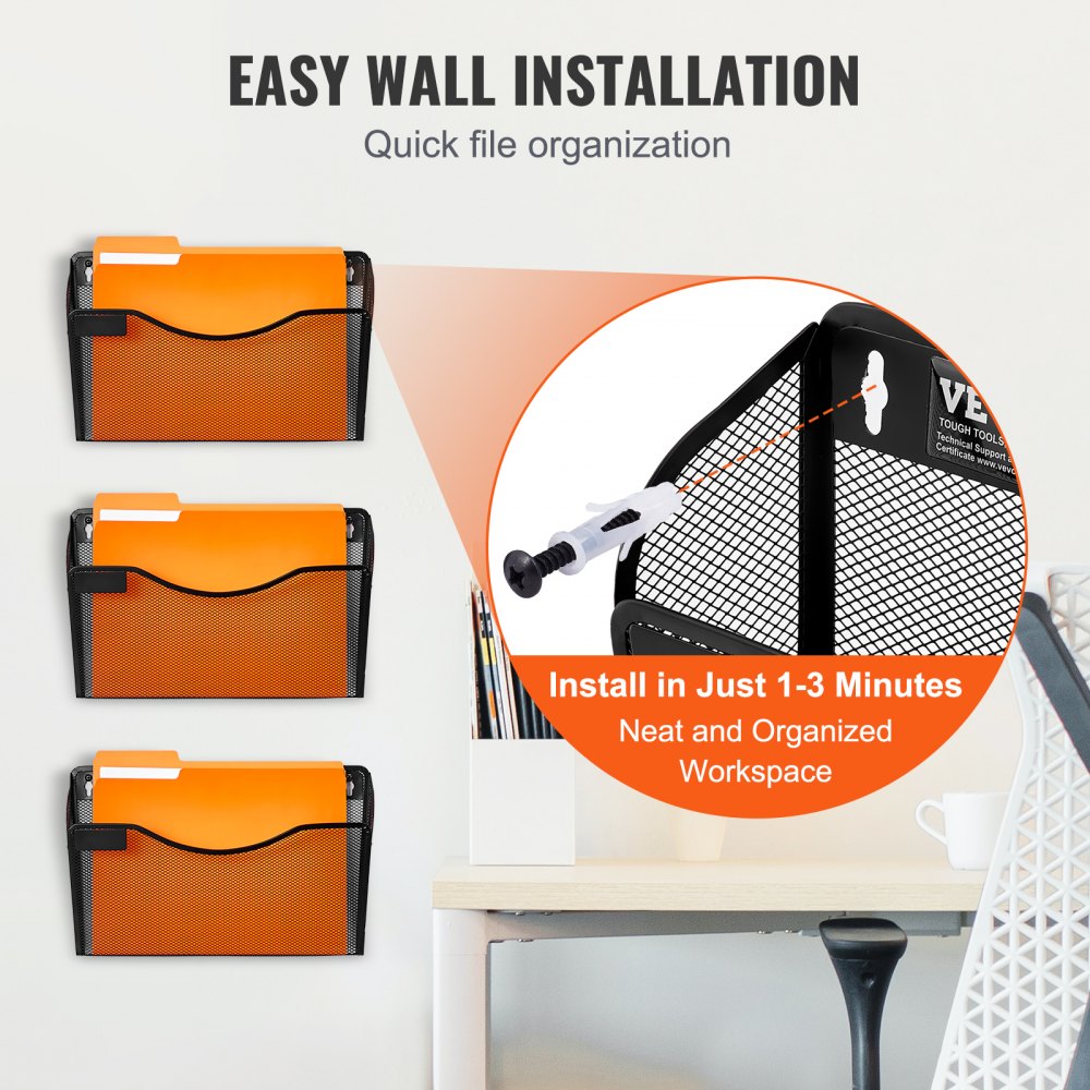 VEVOR File Wall Rack, Three-Piece 1 Pocket Mesh Wall File Holder, Wall Mounted Magazine Mail Paper & Document Storage Folder, Metal Wall File Organizer with Nametag Label, for Office Home & School