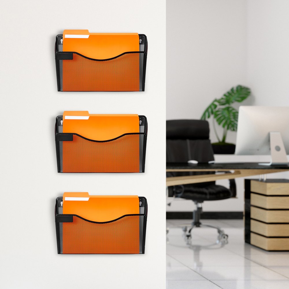VEVOR File Wall Rack, Three-Piece 1 Pocket Mesh Wall File Holder, Wall Mounted Magazine Mail Paper & Document Storage Folder, Metal Wall File Organizer with Nametag Label, for Office Home & School