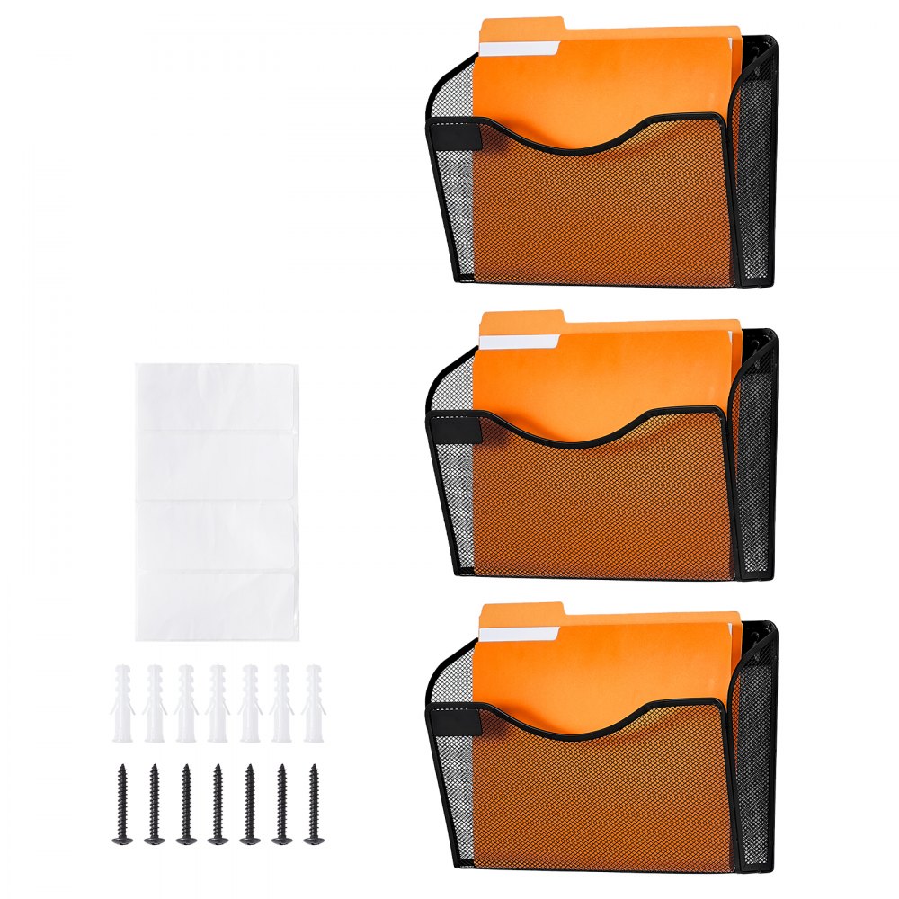 VEVOR File Wall Rack, Three-Piece 1 Pocket Mesh Wall File Holder, Wall Mounted Magazine Mail Paper & Document Storage Folder, Metal Wall File Organizer with Nametag Label, for Office Home & School