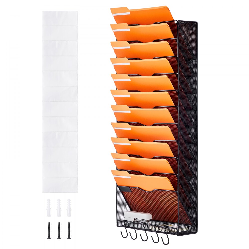 VEVOR File Wall Rack, One-Piece 12 Pockets Mesh Wall File Holder, Wall Mounted Magazine Mail Paper & Document Storage Folder, Metal Wall File Organizer with Nametag Label, for Office Home & School