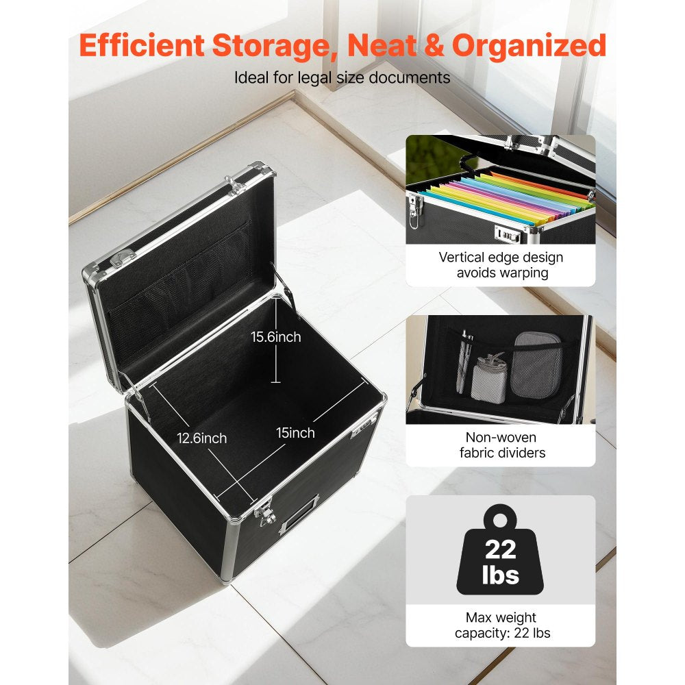 VEVOR Portable File Storage Box, 15.6 x 12.6 x 15 inch Internal Chest Size, Locking Mobile Business Case with Telescopic Handle, Hand pull File Case for Office Home, Offices, Hospitals, Banks