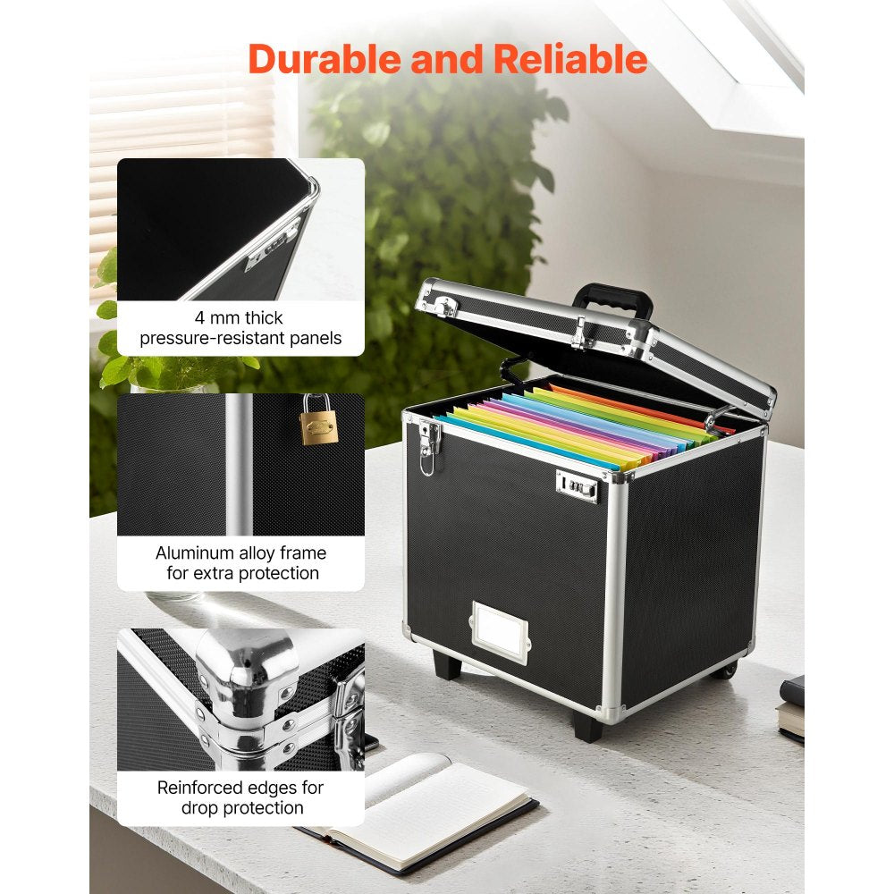 VEVOR Portable File Storage Box, 15.6 x 12.6 x 15 inch Internal Chest Size, Locking Mobile Business Case with Telescopic Handle, Hand pull File Case for Office Home, Offices, Hospitals, Banks