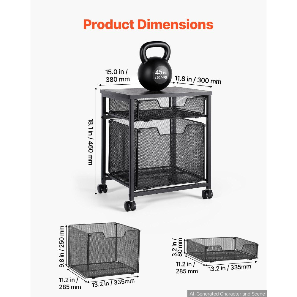 VEVOR Rolling File Cart 2-Tier Mobile Filing Cabinet with Wheels Drawers, for Home Office, Large Storage Capacity, Hanging File Folder Organizer, Easy Mobility, with 45 lbs / 20.5 kg Load, Black