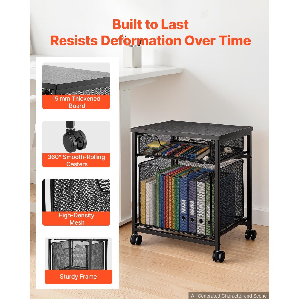 VEVOR Rolling File Cart 2-Tier Mobile Filing Cabinet with Wheels Drawers, for Home Office, Large Storage Capacity, Hanging File Folder Organizer, Easy Mobility, with 45 lbs / 20.5 kg Load, Black