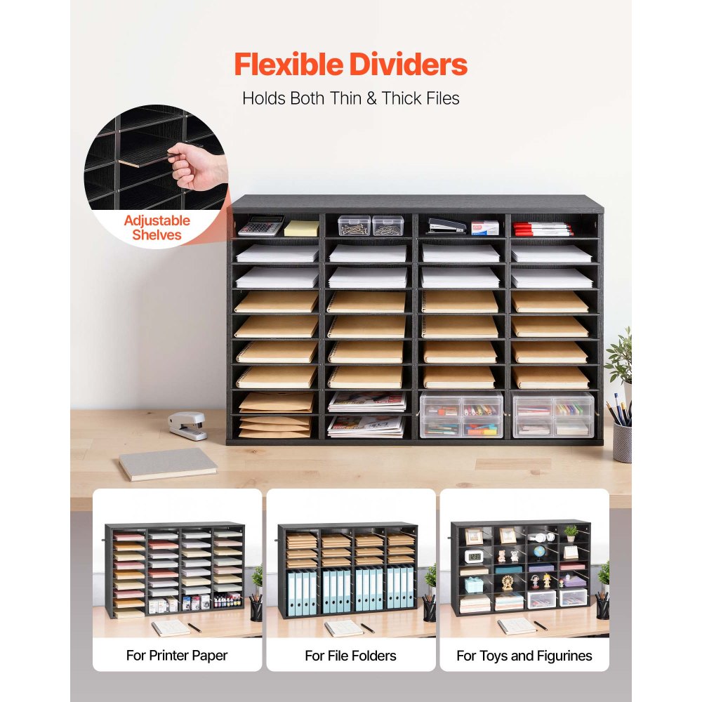 VEVOR Literature Organizer, 36 Compartments Office Mailbox with Detachable Shelves, Wooden Mailbox Sorter with Particle Board, Countertop Office Home Storage Organizer for File, Document, Paper, Black