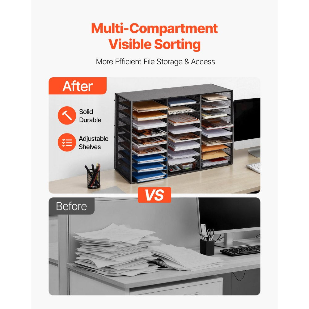 VEVOR Literature Organizer, 27 Compartments Metal Office Mailbox with Detachable Wire Mesh, Mailbox Sorter with Wooden Top, Countertop Office Home Storage Organizer for File, Document, Paper, Black