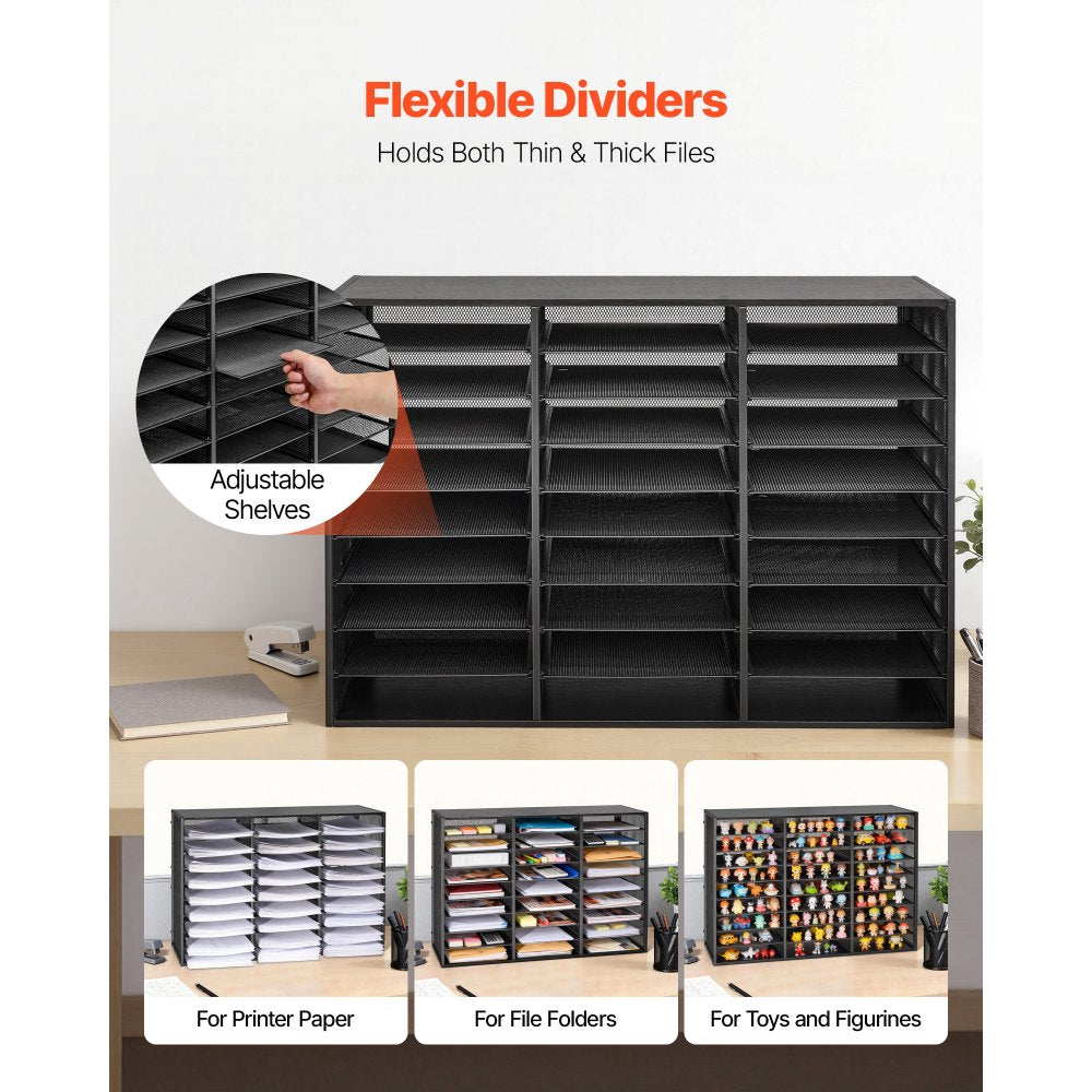 VEVOR Literature Organizer, 27 Compartments Metal Office Mailbox with Detachable Wire Mesh, Mailbox Sorter with Wooden Top, Countertop Office Home Storage Organizer for File, Document, Paper, Black