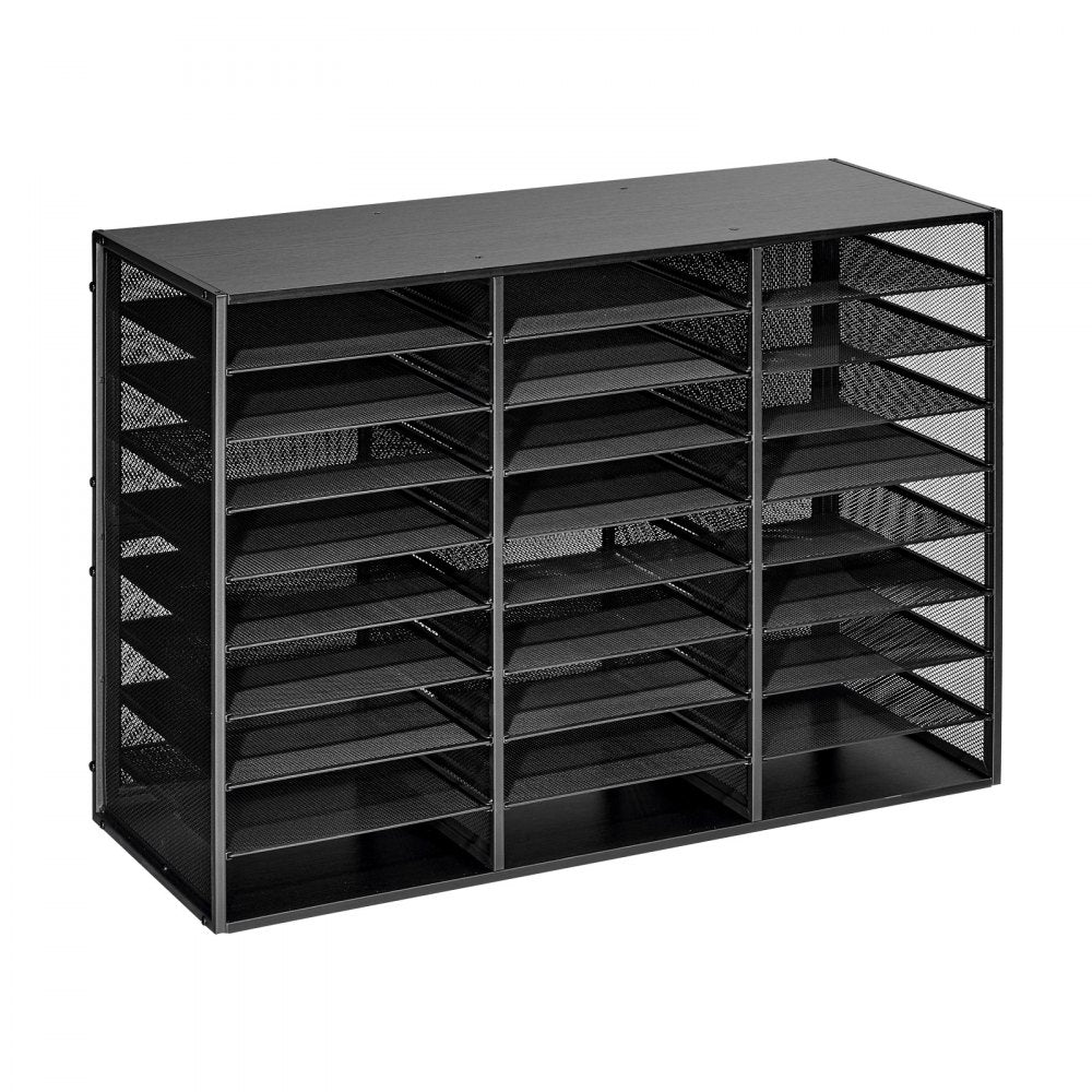 VEVOR Literature Organizer, 27 Compartments Metal Office Mailbox with Detachable Wire Mesh, Mailbox Sorter with Wooden Top, Countertop Office Home Storage Organizer for File, Document, Paper, Black