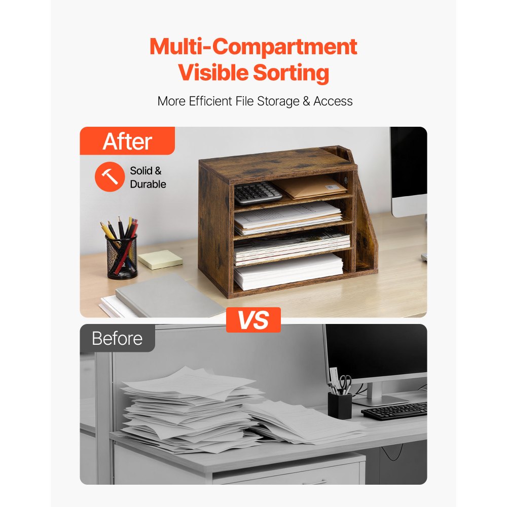 VEVOR Literature Organizer, 4 Compartments Office Mailbox with Detachable Shelves, Wooden Mailbox Sorter with Side Vertical Storage, Countertop Office Home Organizer for File, Document, Paper, Brown