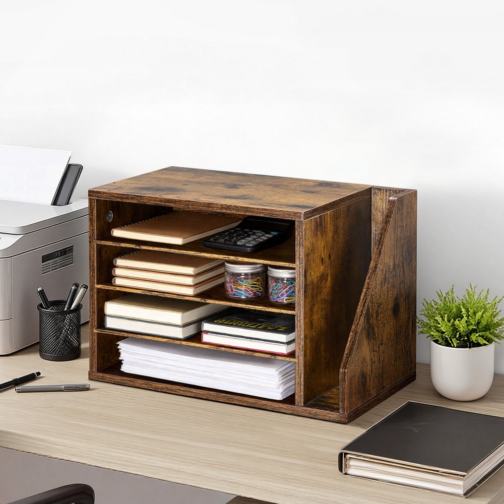VEVOR Literature Organizer, 4 Compartments Office Mailbox with Detachable Shelves, Wooden Mailbox Sorter with Side Vertical Storage, Countertop Office Home Organizer for File, Document, Paper, Brown