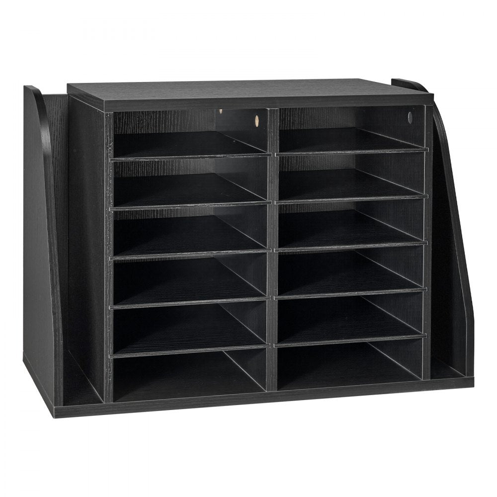 VEVOR Literature Organizer, 12 Compartments Office Mailbox with Side Vertical Storage, Wooden Mailbox Sorter Made of Particle Board, Countertop Office Home  Organizer for File, Document, Paper, Black