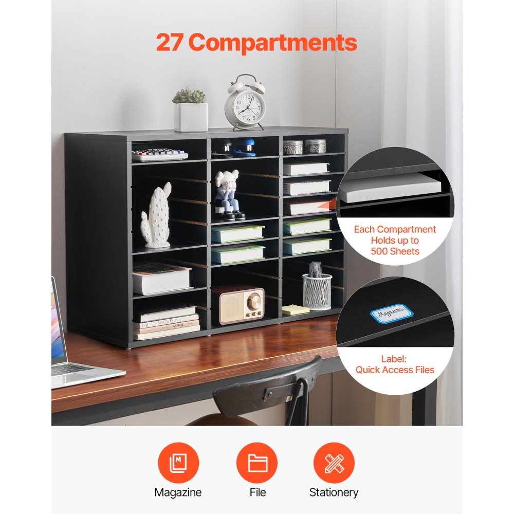 VEVOR Literature Organizer, 27 Compartments Office Mailbox with Removable Shelves, Wooden Mailbox Sorter Particle Board Office Home Classroom Storage, File Sorter for Files, Documents, Papers, Black