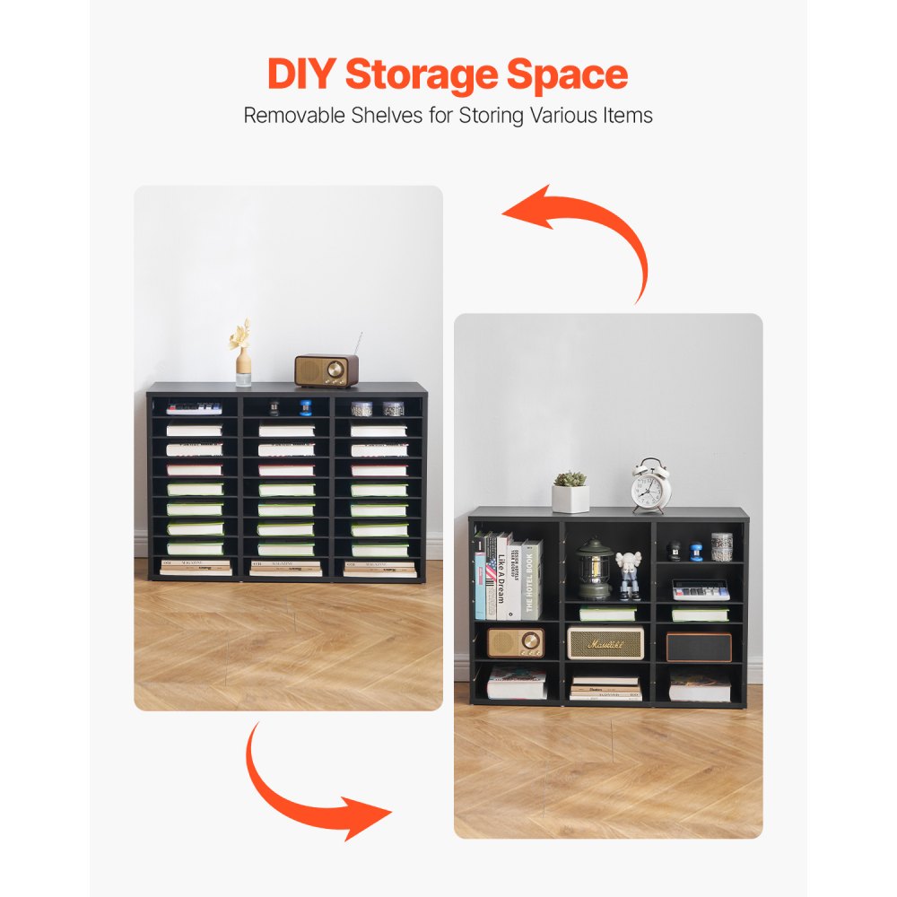 VEVOR Literature Organizer, 27 Compartments Office Mailbox with Removable Shelves, Wooden Mailbox Sorter Particle Board Office Home Classroom Storage, File Sorter for Files, Documents, Papers, Black