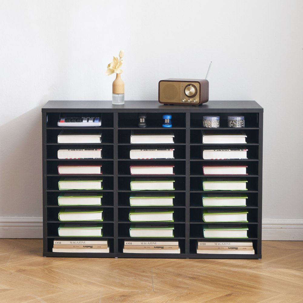 VEVOR Literature Organizer, 27 Compartments Office Mailbox with Removable Shelves, Wooden Mailbox Sorter Particle Board Office Home Classroom Storage, File Sorter for Files, Documents, Papers, Black