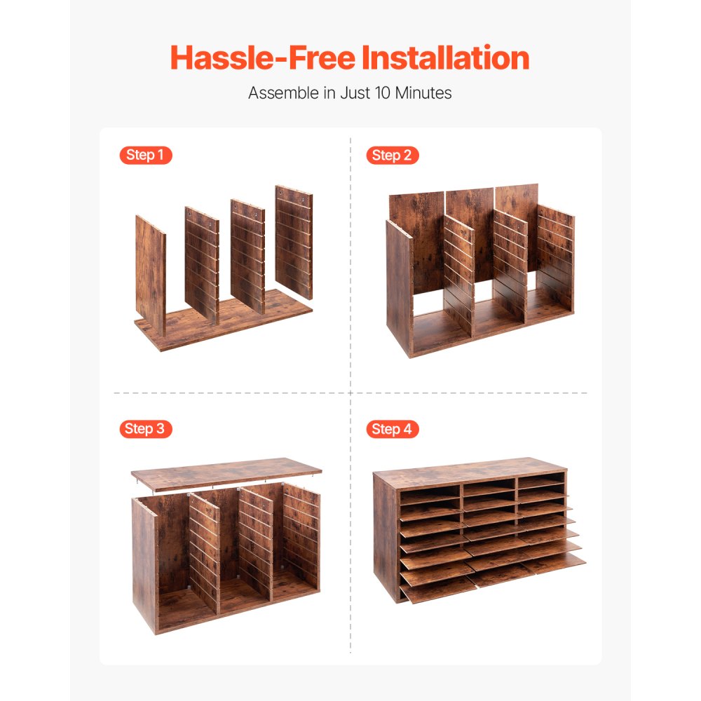 VEVOR Literature Organizer, 24 Compartments Office Mailbox with Removable Shelves, Wooden Mailbox Sorter Particle Board Office Home Classroom Storage, File Sorter for Documents, Papers, Dark Brown