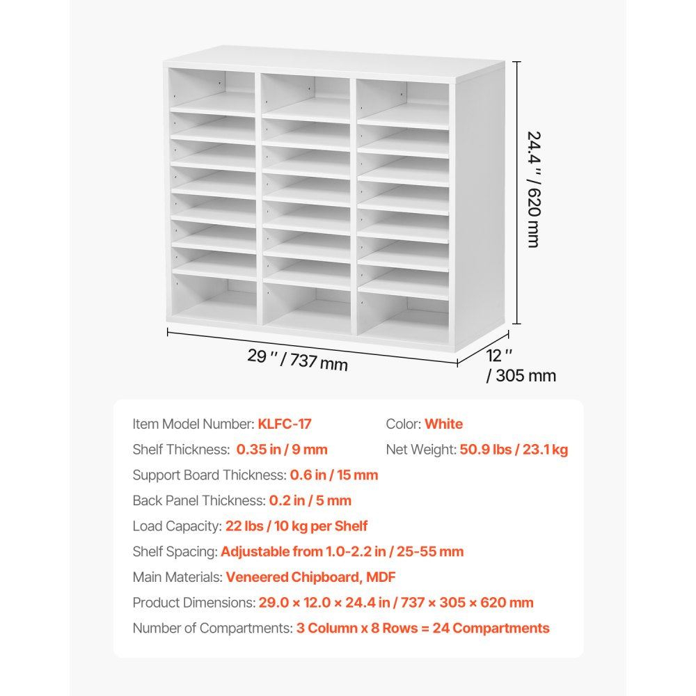VEVOR Literature Organizer, 24 Compartments Office Mailbox with Adjustable Shelves, Wooden Mailbox Sorter Medium Density Fiberboard Office Home Classroom Storage for Files, Documents, Papers, White