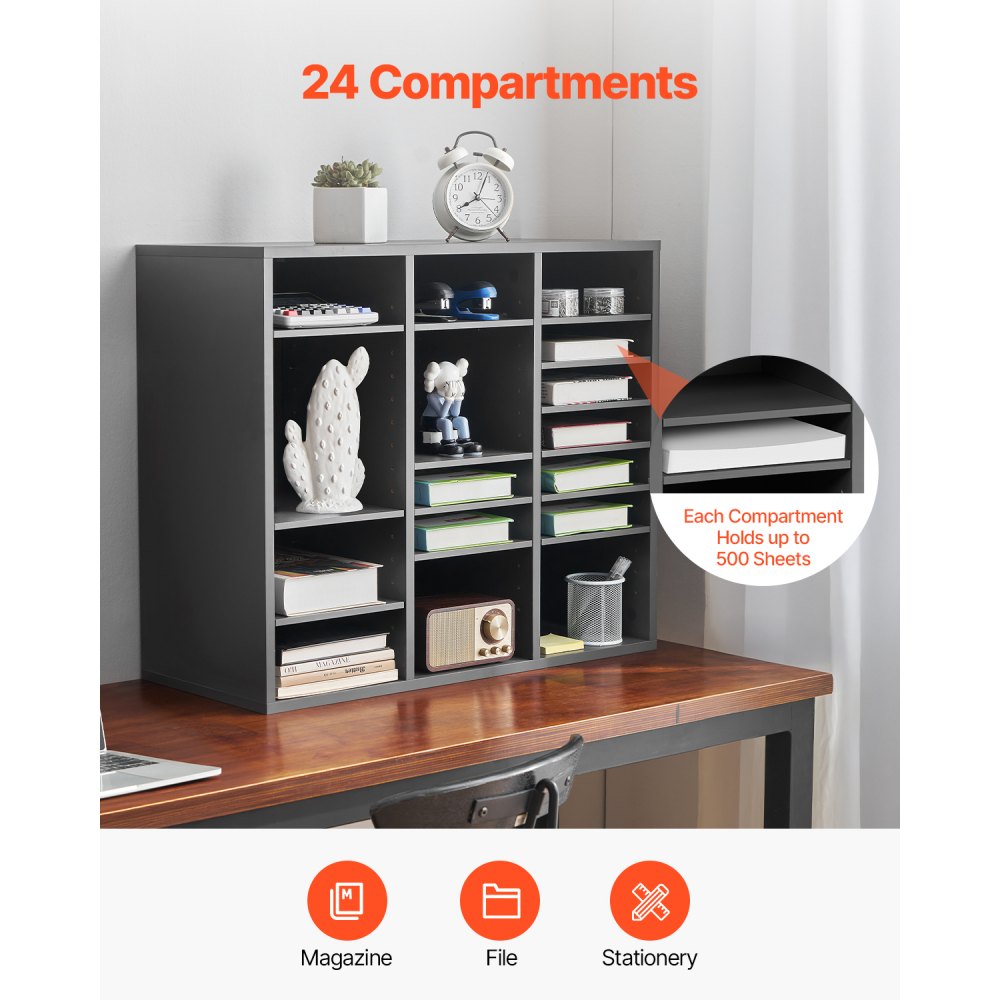 VEVOR Literature Organizer, 24 Compartments Office Mailbox with Adjustable Shelves, Wooden Mailbox Sorter Medium Density Fiberboard Office Home Classroom Storage for Files, Documents, Papers, Grey