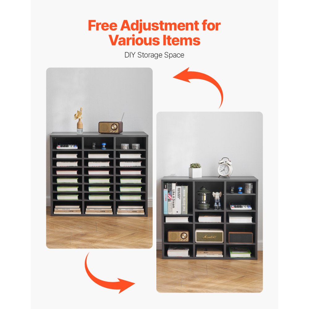 VEVOR Literature Organizer, 24 Compartments Office Mailbox with Adjustable Shelves, Wooden Mailbox Sorter Medium Density Fiberboard Office Home Classroom Storage for Files, Documents, Papers, Grey