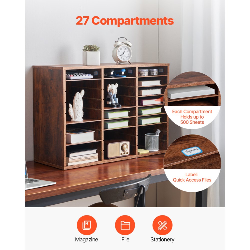 VEVOR Literature Organizer, 27 Compartments Office Mailbox with Removable Shelves, Wood Mailbox Sorter Particle Board Office Home Classroom Storage, File Sorter for File, Document, Paper, Dark Brown