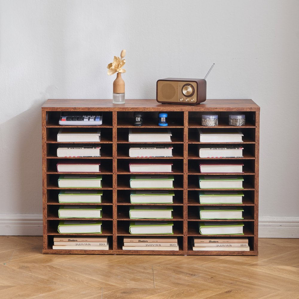 VEVOR Literature Organizer, 27 Compartments Office Mailbox with Removable Shelves, Wood Mailbox Sorter Particle Board Office Home Classroom Storage, File Sorter for File, Document, Paper, Dark Brown