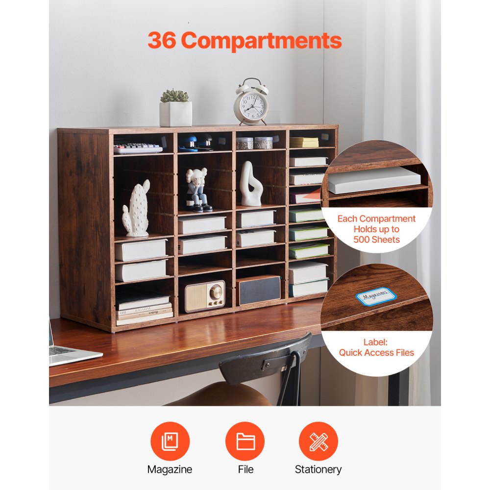 VEVOR Literature Organizer, 36 Compartments Office Mailbox with Removable Shelves, Wood Mailbox Sorter Particle Board Office Home Classroom Storage, File Sorter for File, Document, Paper, Dark Brown