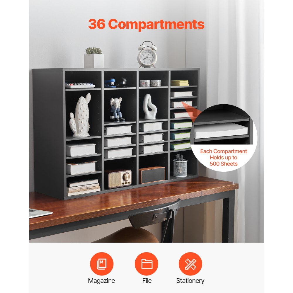 VEVOR Literature Organizer, 36 Compartments Office Mailbox with Adjustable Shelves, Wooden Mailbox Sorter Medium Density Fiberboard Office Home Classroom Storage for Files, Documents, Papers, Grey