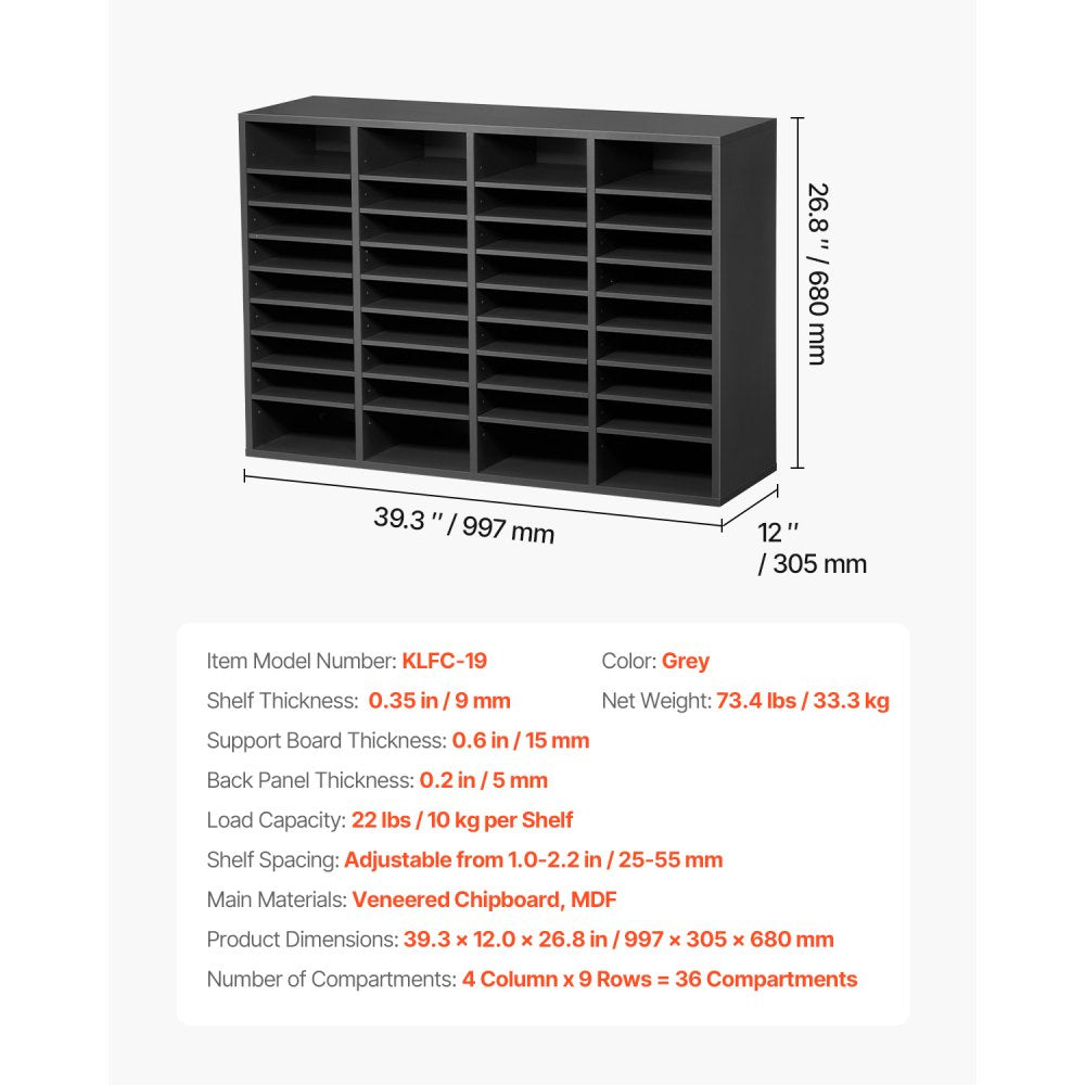 VEVOR Literature Organizer, 36 Compartments Office Mailbox with Adjustable Shelves, Wooden Mailbox Sorter Medium Density Fiberboard Office Home Classroom Storage for Files, Documents, Papers, Grey