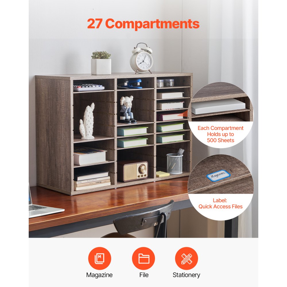 VEVOR Literature Organizer, 27 Compartments Office Mailbox with Removable Shelves, Wood Mailbox Sorter Particle Board Office Home Classroom Storage, File Sorter for File, Document, Paper, Black-Grey