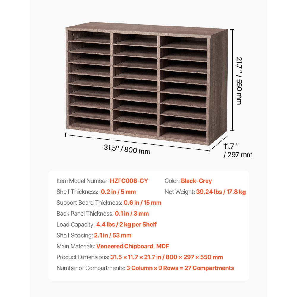 VEVOR Literature Organizer, 27 Compartments Office Mailbox with Removable Shelves, Wood Mailbox Sorter Particle Board Office Home Classroom Storage, File Sorter for File, Document, Paper, Black-Grey