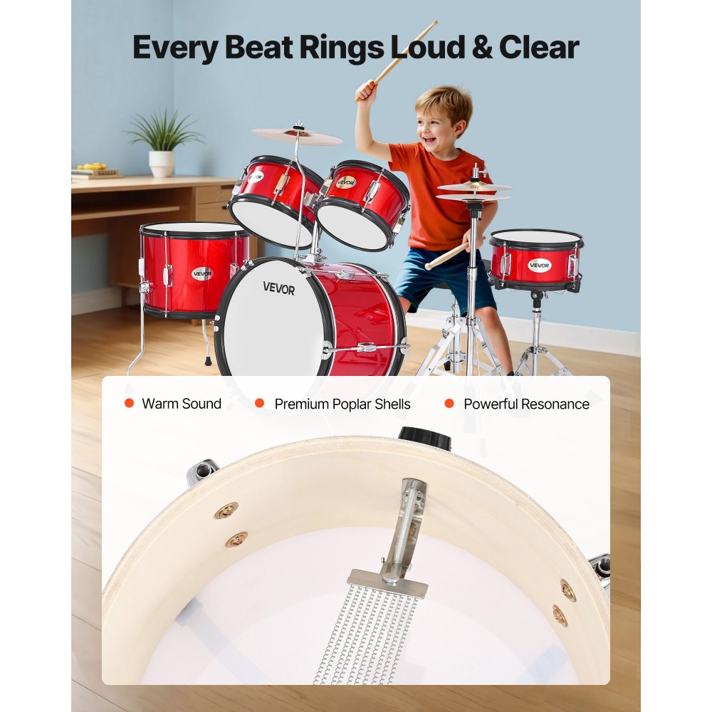 VEVOR Kids Drum Set, 5-Piece 16 in Junior Drum Sets, Beginner Drums Set with Adjustable Throne, Cymbal & Two Pairs of Drumsticks, Musical Learning Drums Instruments Kit, for Children Ages 6-13 (Red)