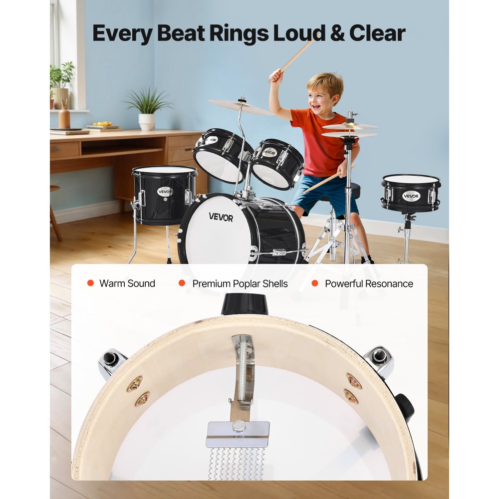 VEVOR Kids Drum Set, 5-Piece 14 in Junior Drum Sets, Beginner Drums Set with Adjustable Throne, Cymbal & Two Pairs of Drumsticks, Musical Learning Drums Instruments Kit, for Children Ages 6-13(Black)